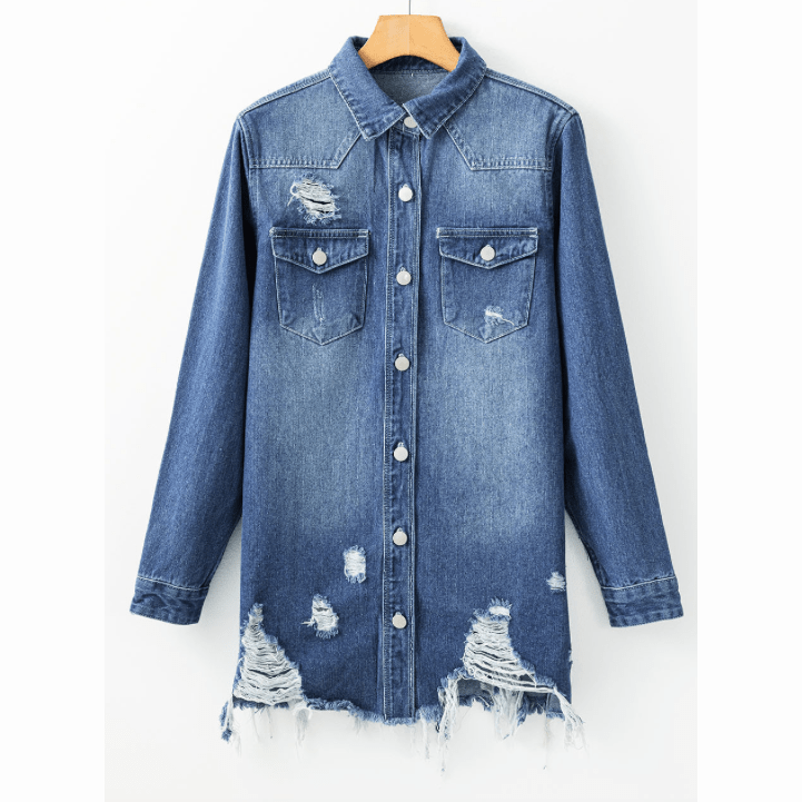 Tiffani Dark Blue Light Wash Distressed Frayed Long Denim Jacket