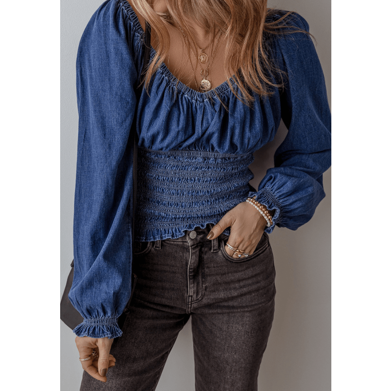 Josalee Dark Blue Smocked Ruffled Puff Sleeve V Neck Denim Blouse