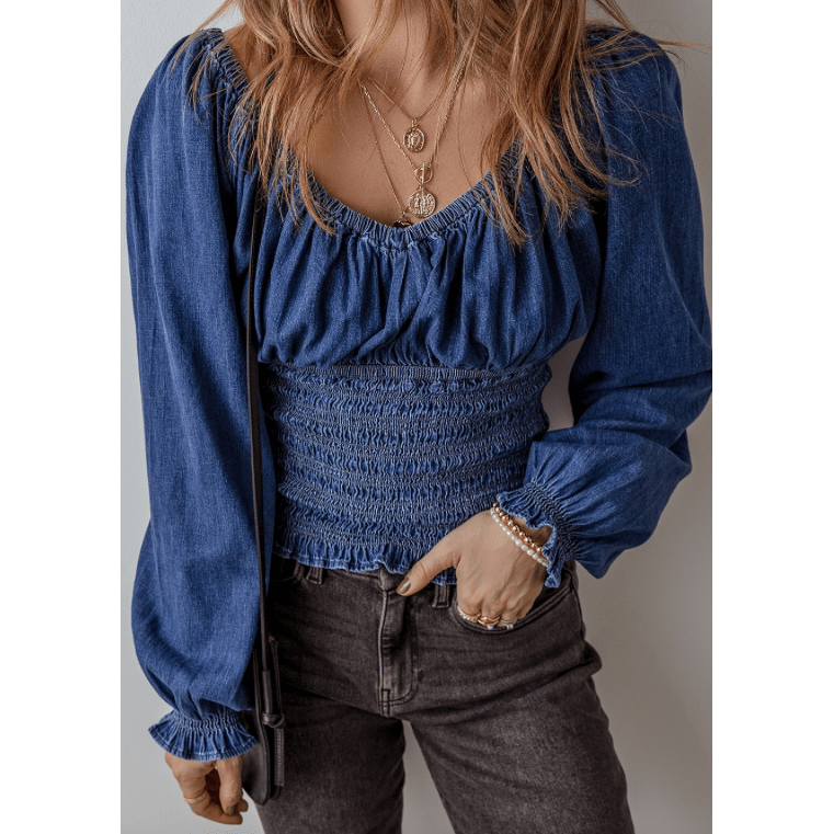 Josalee Dark Blue Smocked Ruffled Puff Sleeve V Neck Denim Blouse