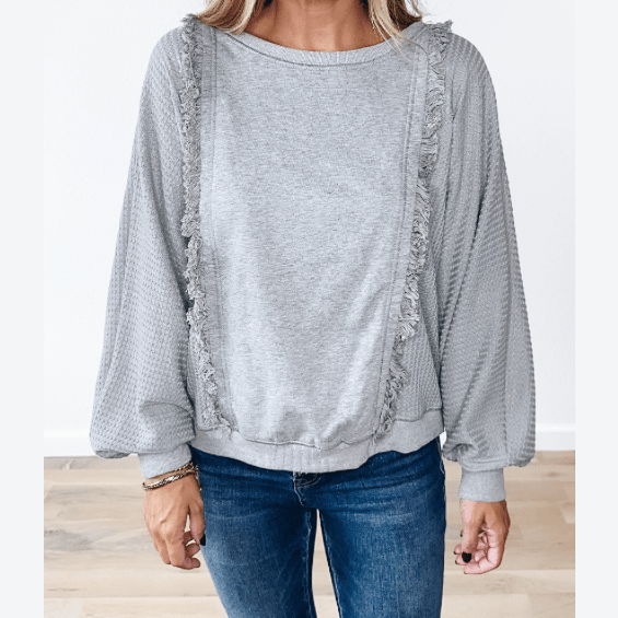 Cay Light Grey Waffle Patchwork Long Sleeve Raw Hem Pullover Top