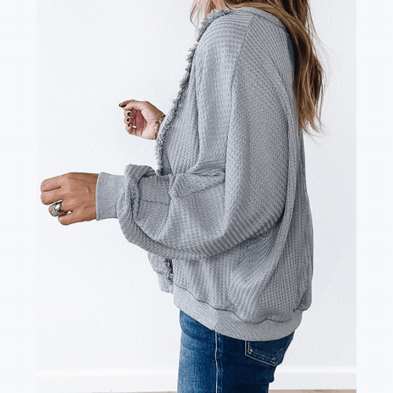 Cay Light Grey Waffle Patchwork Long Sleeve Raw Hem Pullover Top