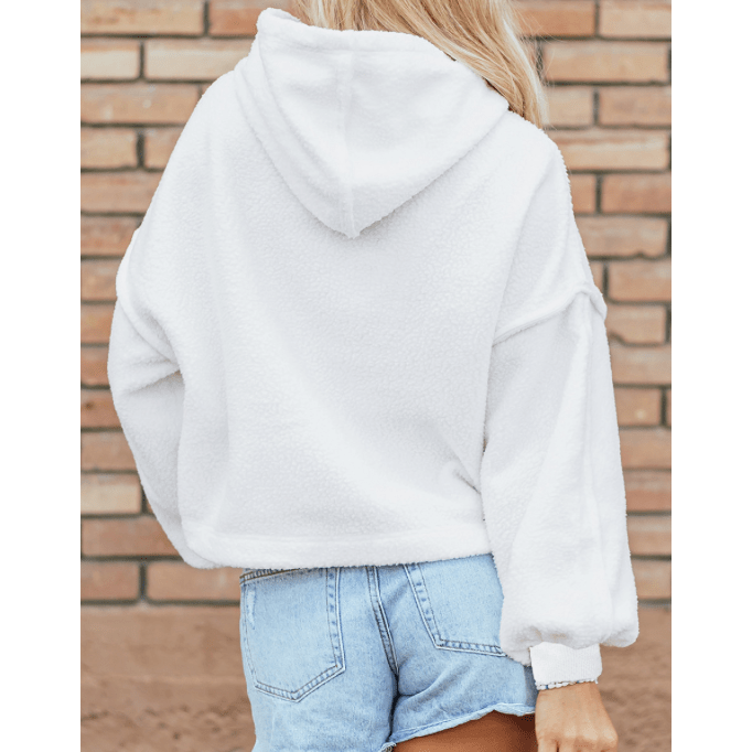 Dafne White Sherpa Fleece Drop Shoulder Hoodie