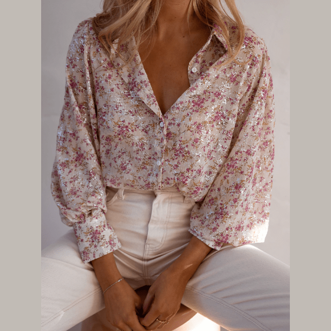 Kamy Pink Floral Print Bishop Sleeve Collared V Neck Shirt