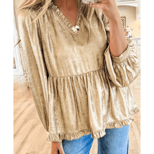 Ellie Mae Gold Metallic Frilled V Neck Puff Sleeve Babydoll Blouse