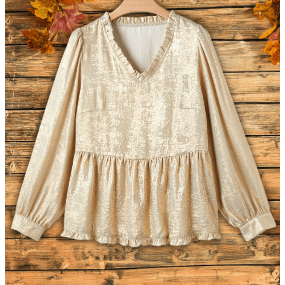 Ellie Mae Gold Metallic Frilled V Neck Puff Sleeve Babydoll Blouse