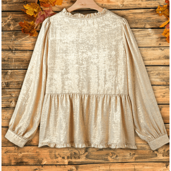 Ellie Mae Gold Metallic Frilled V Neck Puff Sleeve Babydoll Blouse