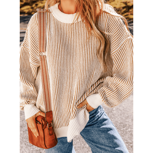 Kasondra Chestnut Striped Textured Knit Contrast Edge Loose Sweater * S-3X