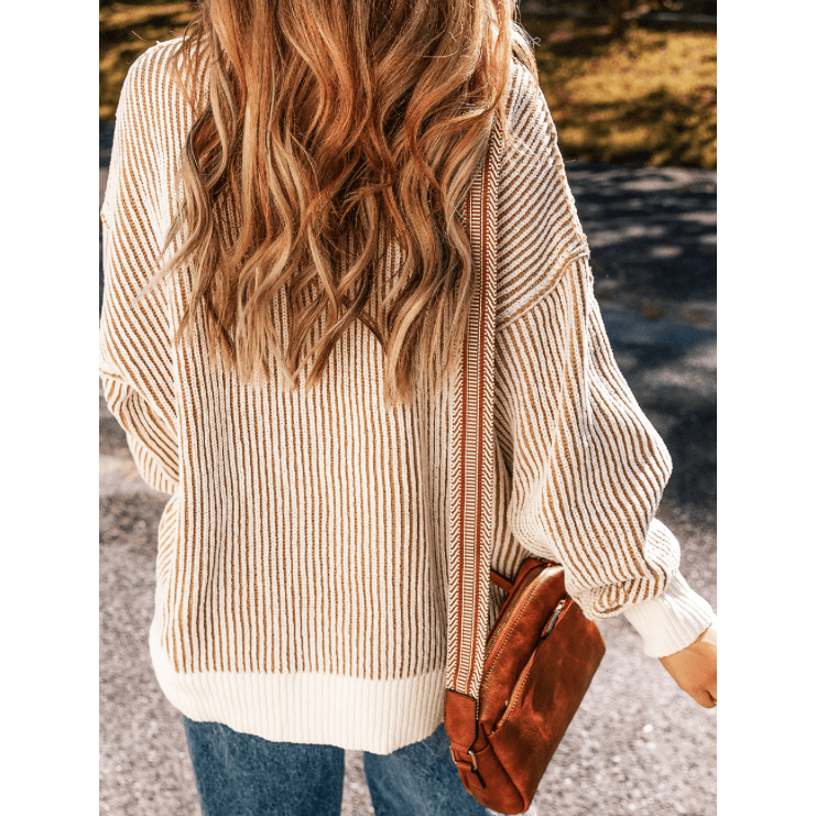 Kasondra Chestnut Striped Textured Knit Contrast Edge Loose Sweater * S-3X