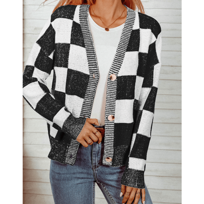 Devlyn Black Checkered Drop Shoulder Buttoned V Neck Cardigan * S-3X