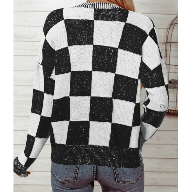 Devlyn Black Checkered Drop Shoulder Buttoned V Neck Cardigan * S-3X