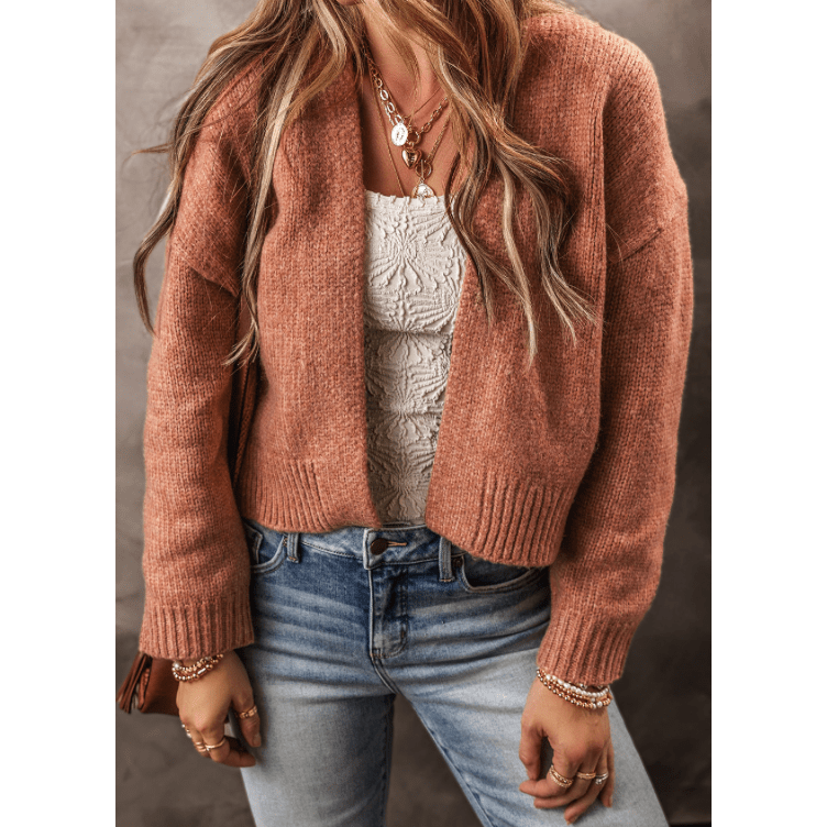 Tabby Light French Beige Drop Shoulder Open Front Cropped Cardigan