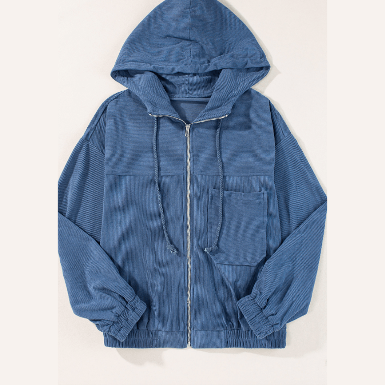 Brayla Blue Corduroy Drawstring Hooded Pocket Zip Up Jacket