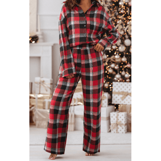 Graylee Checkered Pattern Loose Shirt and Pants Lounge Set