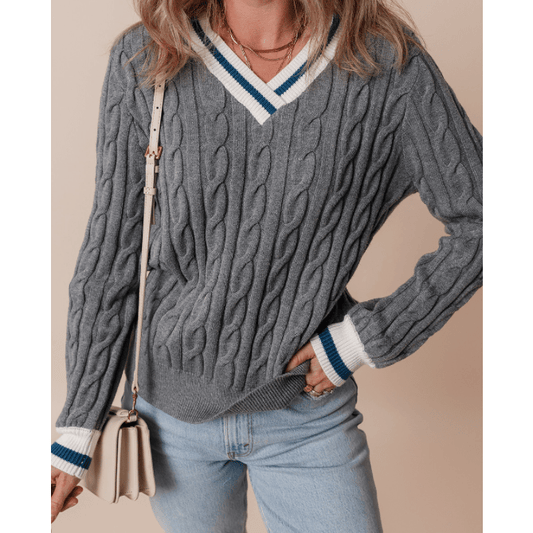 Joelle Ribbed Edge Cable Knit V Neck Sweater