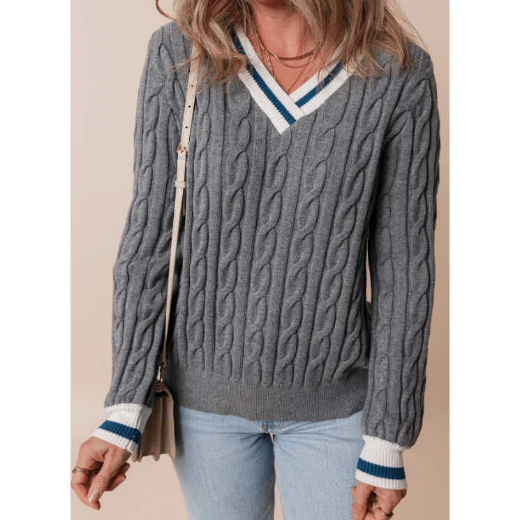 Joelle Ribbed Edge Cable Knit V Neck Sweater