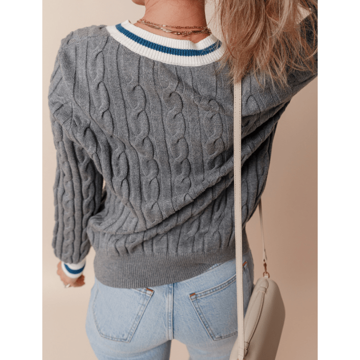 Joelle Ribbed Edge Cable Knit V Neck Sweater