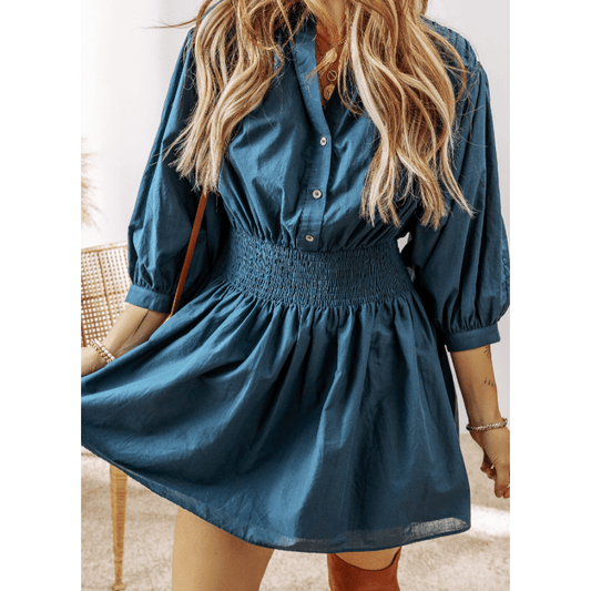 Marenda 3/4 Sleeve Shirred High Waist Buttoned Mini Dress