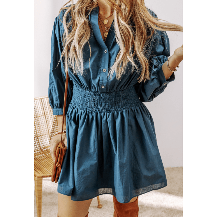 Marenda 3/4 Sleeve Shirred High Waist Buttoned Mini Dress