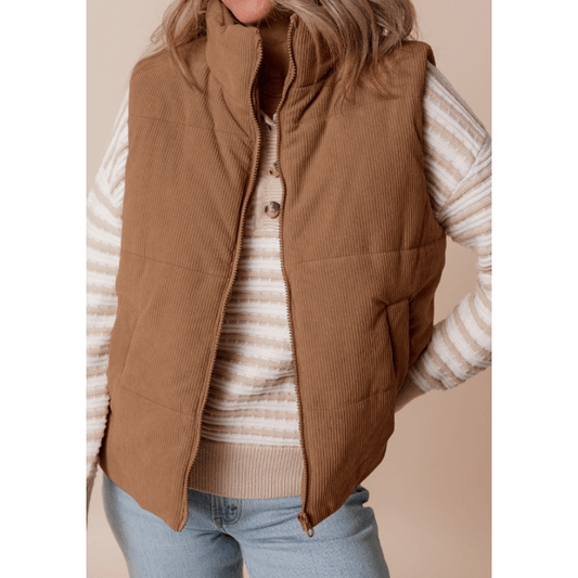 Syd Coffee Corduroy Stand Neck Zipped Puffer Vest