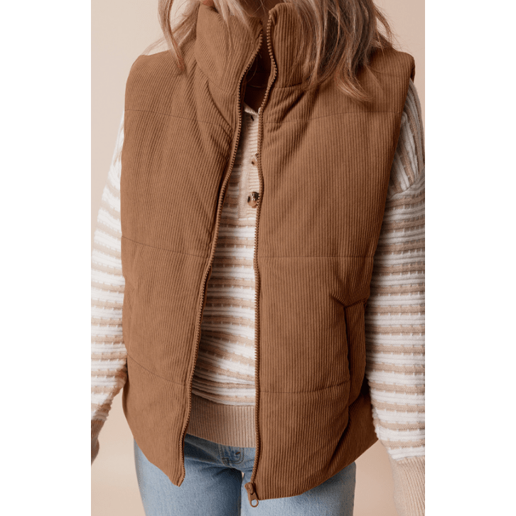 Syd Coffee Corduroy Stand Neck Zipped Puffer Vest