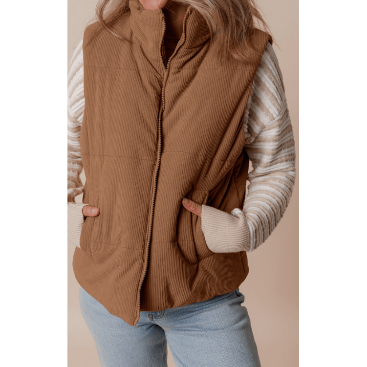 Syd Coffee Corduroy Stand Neck Zipped Puffer Vest