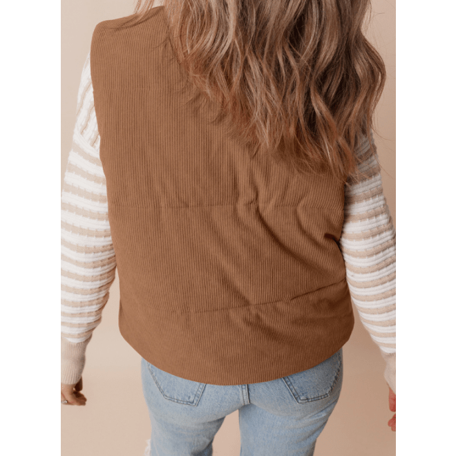 Syd Coffee Corduroy Stand Neck Zipped Puffer Vest