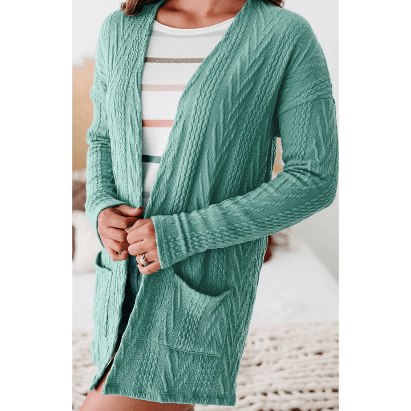 Tula Green Textured Open Front Cardigan with Pocket