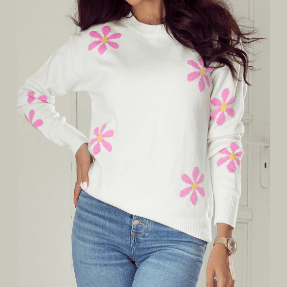 Charis White Flower Pattern Ribbed Edge Elegant Sweater