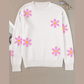 Charis White Flower Pattern Ribbed Edge Elegant Sweater