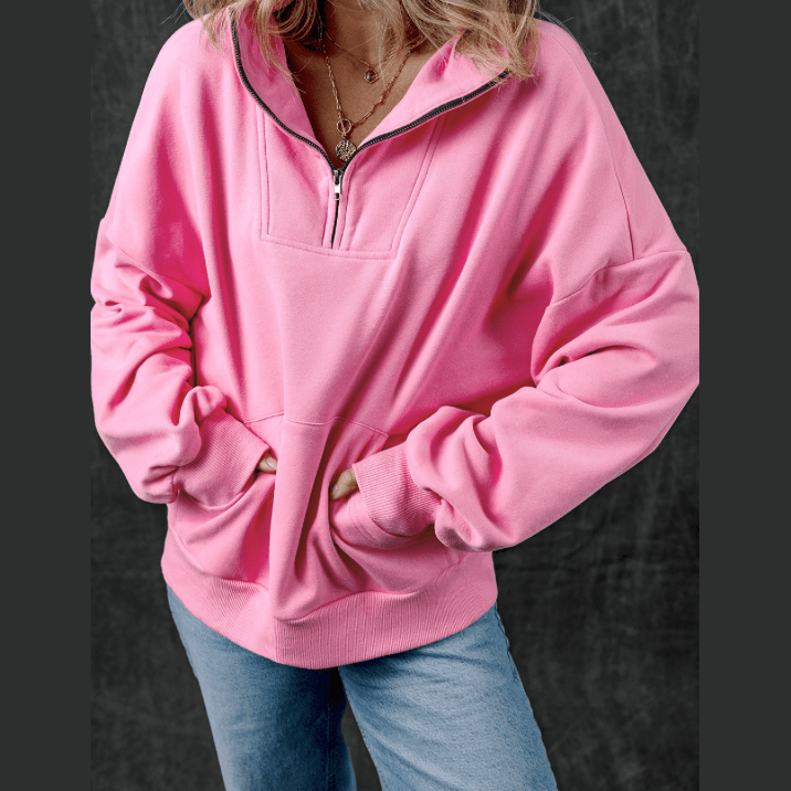 Brexa Pink Zip-up Stand Neck Kangaroo Pocket Sweatshirt