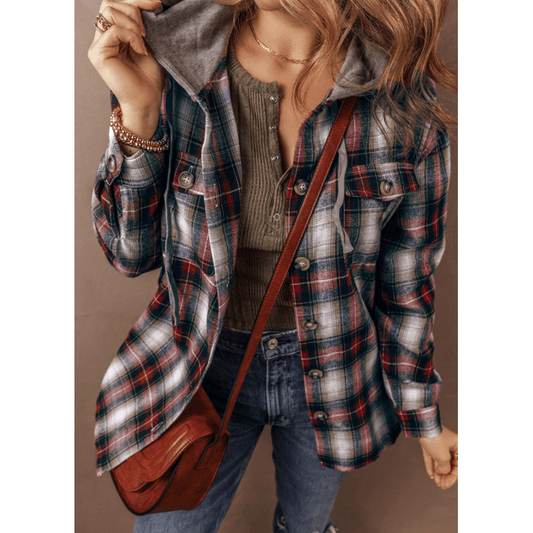 Jeri Red Plaid Print Chest Pocket Buttoned Hooded Shacket