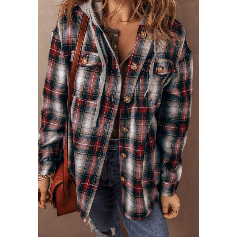 Jeri Red Plaid Print Chest Pocket Buttoned Hooded Shacket