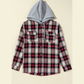 Jeri Red Plaid Print Chest Pocket Buttoned Hooded Shacket