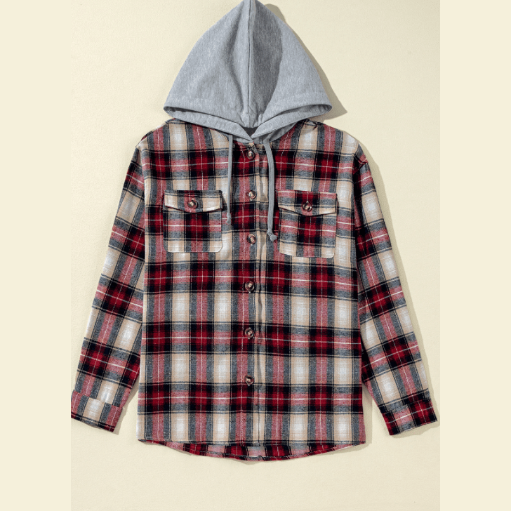 Jeri Red Plaid Print Chest Pocket Buttoned Hooded Shacket