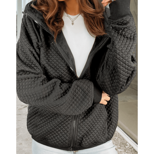 Alana Black Quilted Side Pockets Zipper Hooded Jacket