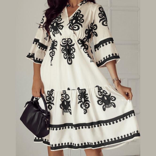 Kaden Beige Western Geometric Print 3/4 Sleeve Loose Midi Dress