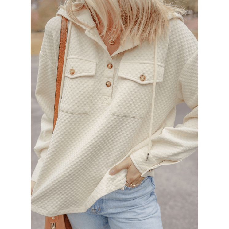 Laura Beth Textured Buttoned Neckline Side Pockets Hoodie