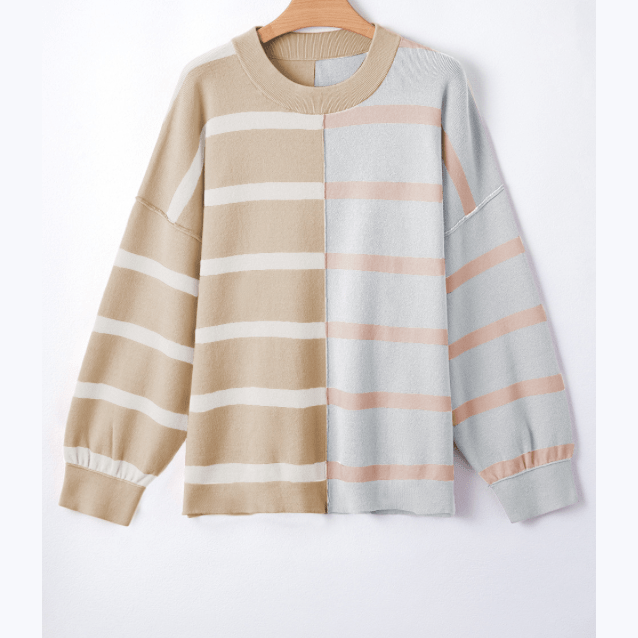 Shandi Khaki Stripe Colorblock Oversized Sweater