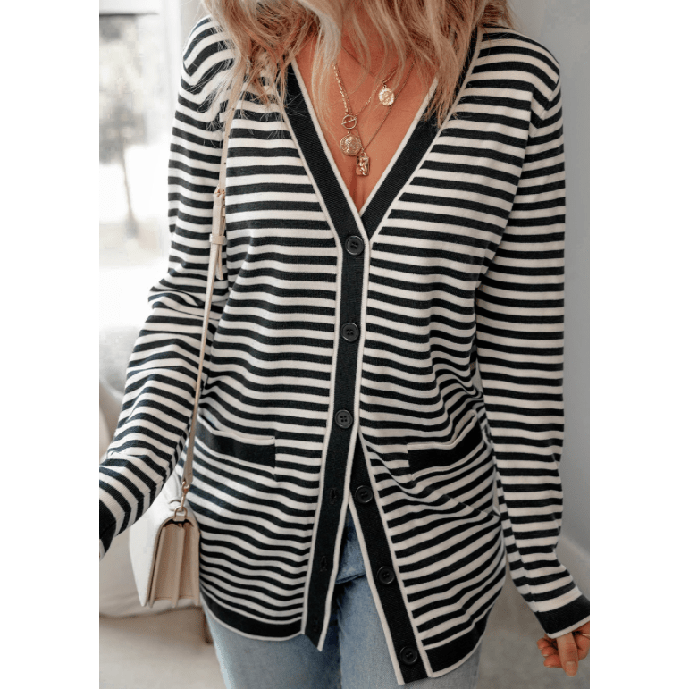 Kash Black Stripe Long Sleeve Button up Tunic Cardigan