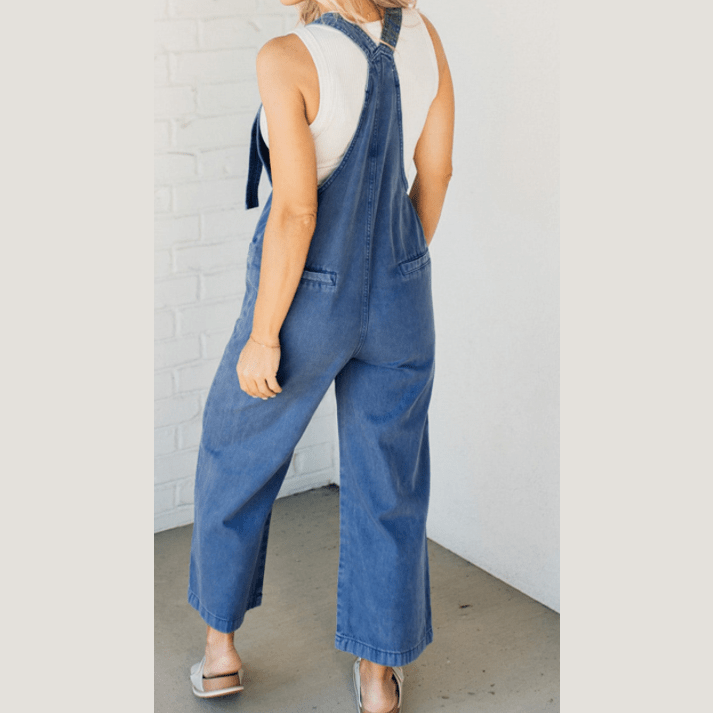 Bailey Mineral Wash Knotted Strap Patched Pocket Wide Leg Denim Overalls