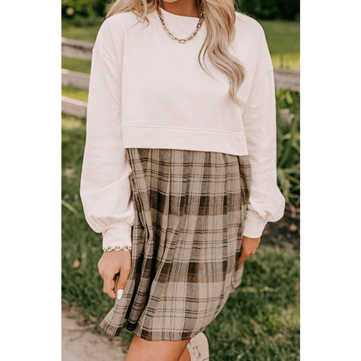 Miriam Beige Plaid Patchwork High Waist Sweatshirt Mini Dress