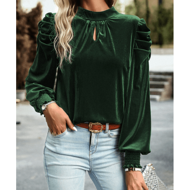 Nelsy Green Mock Neck Puff Sleeve Velvet Blouse