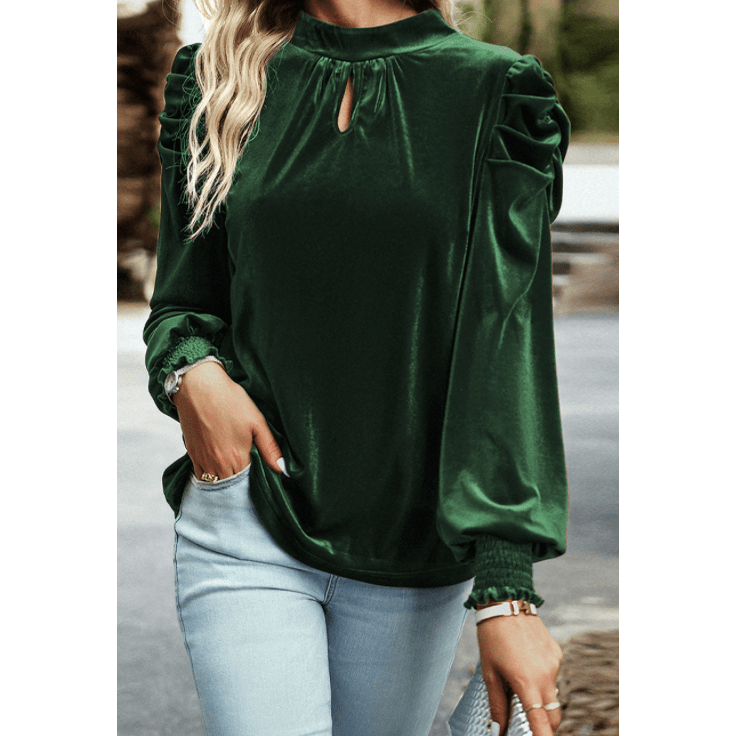 Nelsy Green Mock Neck Puff Sleeve Velvet Blouse