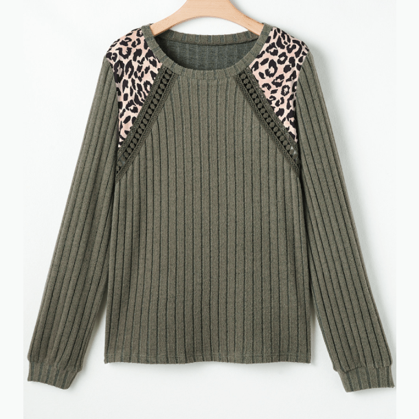 Shae Moss Green Leopard Print Crochet Patchwork Rib Textured Knit Top