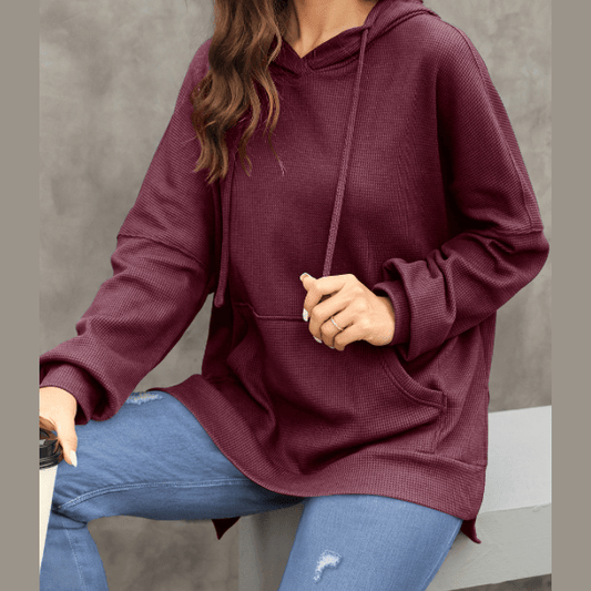 Anessa Wine Waffle Knit Fleece Lined High Low Oversized Hoodie