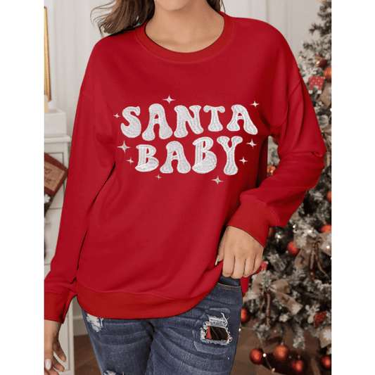 Red SANTA BABY Embroidered Crewneck Christmas Sweatshirt