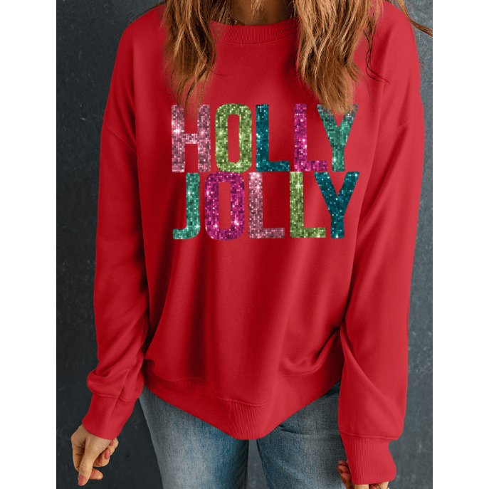 HOLLY JOLLY Red Heat Transfer Christmas Pullover Sweatshirt