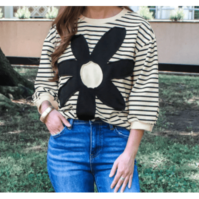 Vickie Black Striped Big Flower Patched 3/4 Sleeve Top