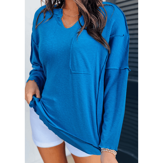 Londyn Blue Ribbed Exposed Seam Knit V Neck Long Sleeve Top