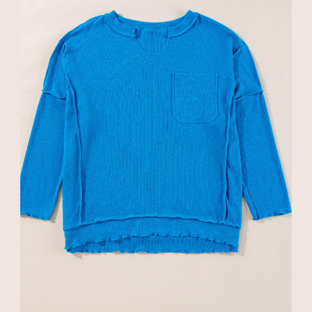 Londyn Blue Ribbed Exposed Seam Knit V Neck Long Sleeve Top